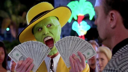Movie character holding fans of cash